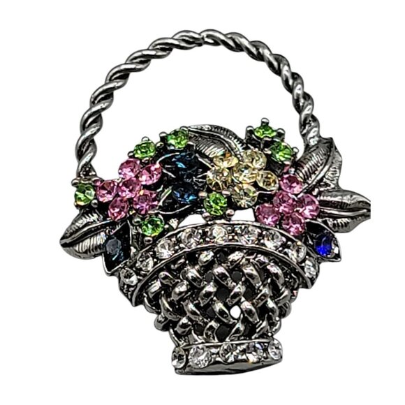 Crystal Flower Basket Brooch Silver Tone Multicolor  Floral Sparkle Arrangement - Picture 1 of 11
